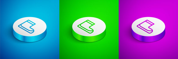 等距线靴子图标孤立在蓝色，绿色和紫色的背景。在水下潜水设备。白色的圆按钮。向量图片下载