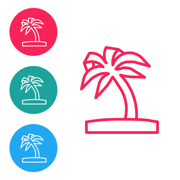 红线热带棕榈树图标孤立在白色背景上。椰子棕榈树。在圆形按钮中设置图标。向量图片下载