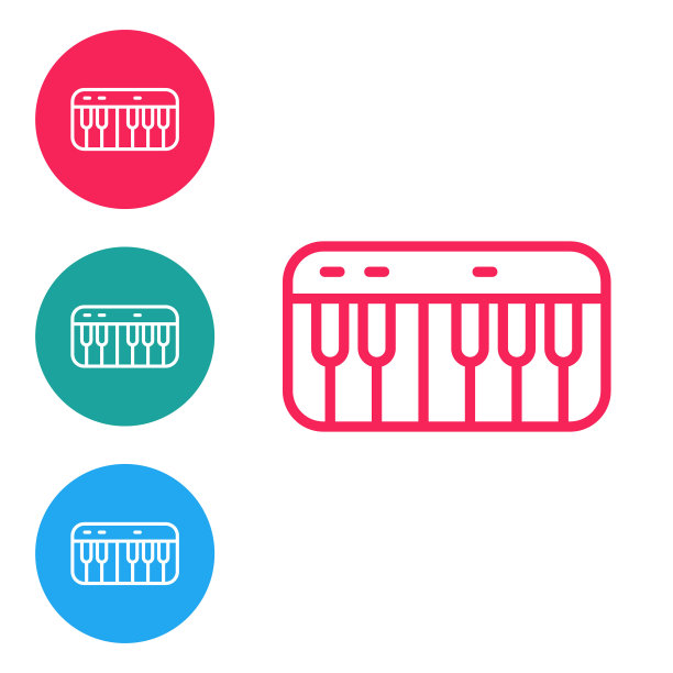 红线音乐合成器图标孤立在白色背景上。电子钢琴。在圆形按钮中设置图标。向量图片下载