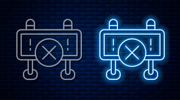 霓虹灯线道路障碍图标孤立在砖墙背景上。正在施工的限制区域的符号。修复工作。向量图片下载