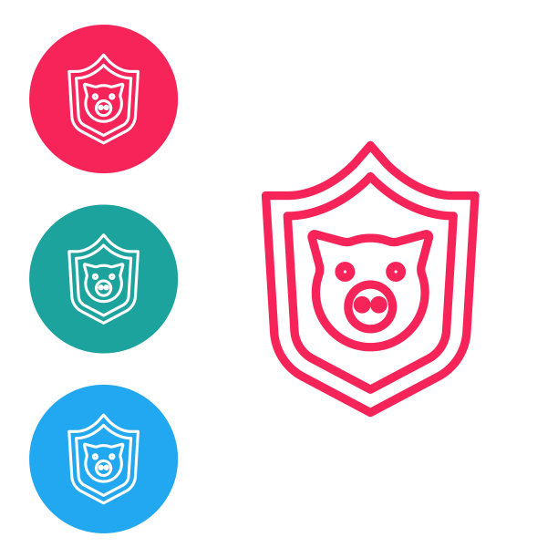 红线盾与猪图标孤立在白色背景上。动物的象征。在圆形按钮中设置图标。向量图片下载