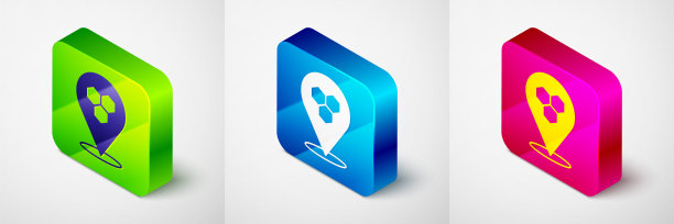 等距蜂窝蜂定位地图针指针图标孤立在灰色背景上。农场动物地图指针。方形按钮。向量图片下载