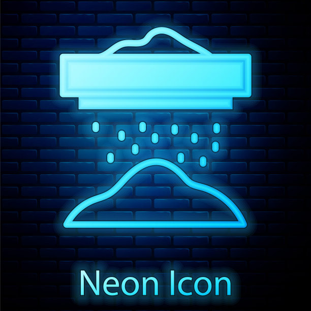 发光的霓虹灯筛面粉，谷物或糖粉通过筛图标孤立的砖墙背景。向量图片下载