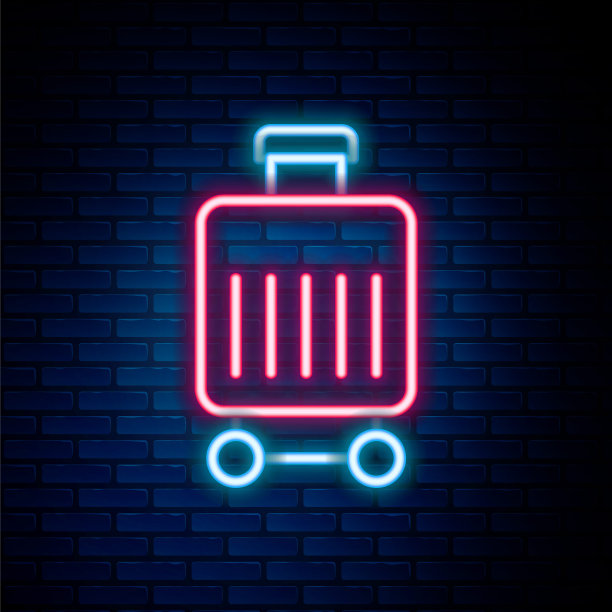 发光的霓虹灯线旅行箱图标孤立在砖墙背景上。旅行的行李的迹象。旅行的行李图标。色彩斑斓的轮廓的概念。向量图片下载