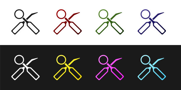 设置牙科检查镜和资源管理器图标孤立在黑白背景上。牙科检查工具。向量图片下载