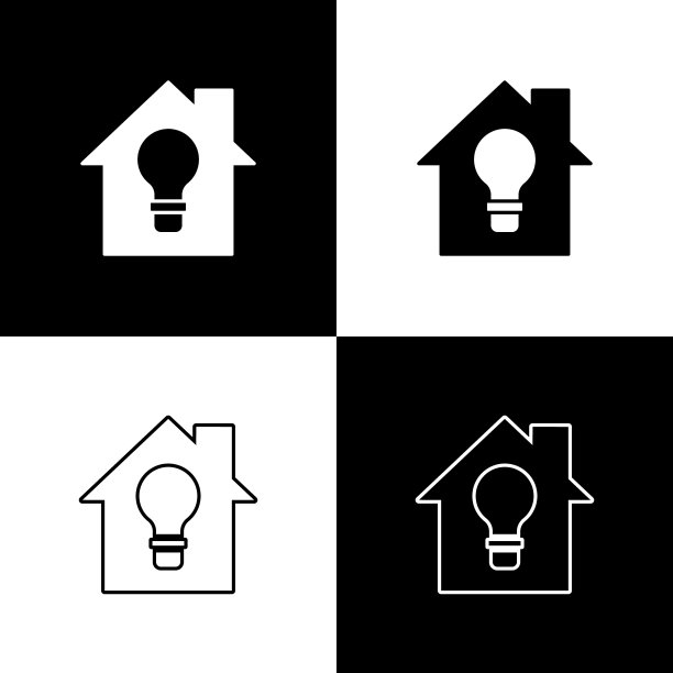 设置智能房子和灯泡图标孤立在黑白背景上。向量图片下载