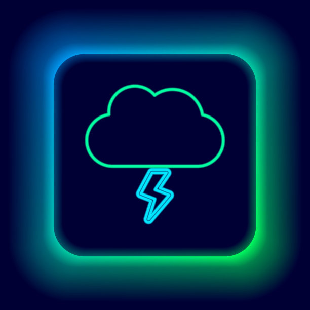 霓虹灯线风暴图标孤立在黑色背景上。云和闪电的标志。风暴的天气标志。色彩斑斓的轮廓的概念。向量图片下载