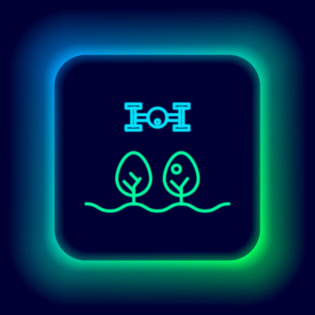 发光霓虹灯线智能农场与无人机控制和树图标孤立在黑色背景。农业企业技术创新。色彩斑斓的轮廓的概念。向量图片下载