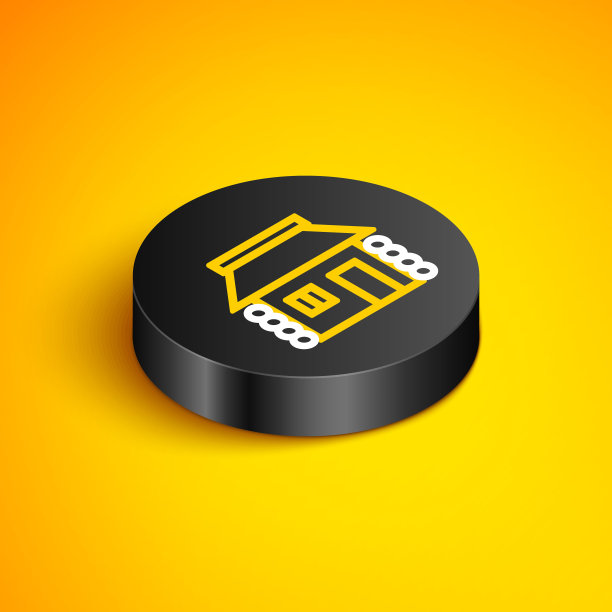 在黄色背景上孤立的旧乌克兰小屋图标。传统的村庄的房子。黑色圆按钮。向量图片下载