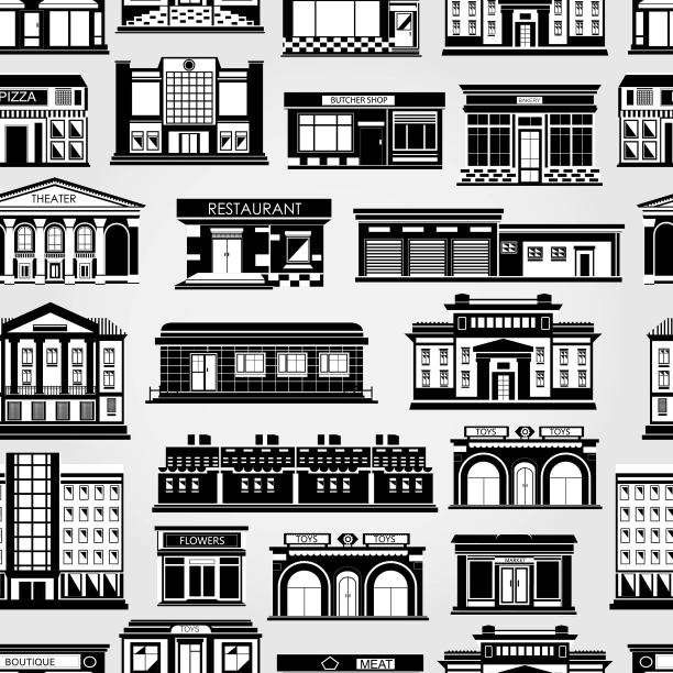 无缝向量模式与黑白建筑在浅灰色背景。图片下载