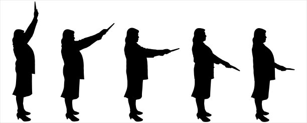 手里拿着文件夹的女人。五个黑色女性剪影的插图。上班族、秘书、员工逐渐降低文件夹。从上面的抽屉里拿东西。侧视图。图片下载