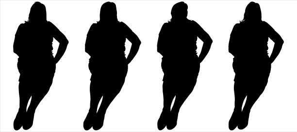 这个女人坐着，把她的手放在膝盖上。女性剪影孤立在白色背景上。四个女人坐在一起。前视图。头部在不同的方向旋转。图片下载