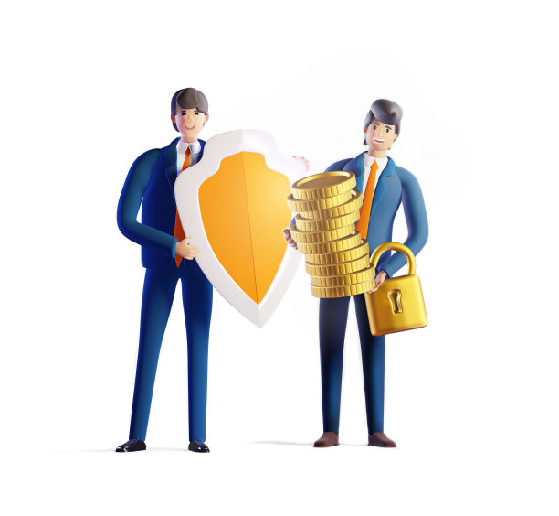 3 d渲染插图。幸福成功的商人手持盾牌和金币。携手合作，银行业与投资保护理念图片下载