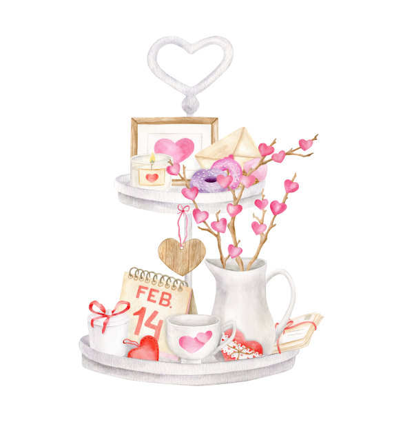 水彩情人节装饰。手绘分层托盘插图与可爱的decor孤立在白色背景。有杯子、有树枝的花瓶、爱心、蜡烛的浪漫茶座。图片下载