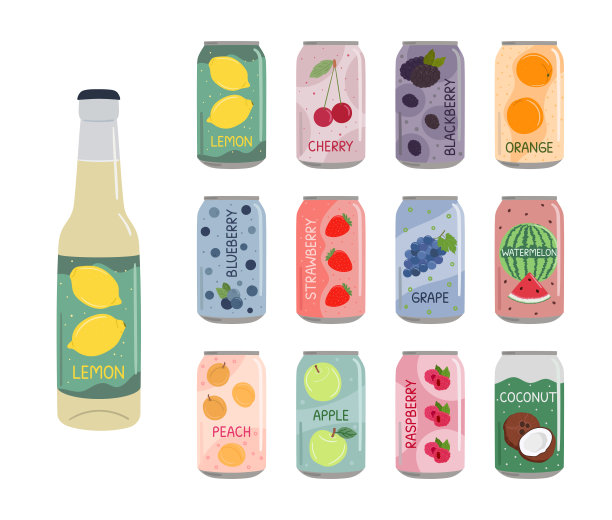 铝罐软饮料套装，配苏打水和柠檬水。含浆果和水果口味的非酒精碳酸水。手绘矢量插图孤立在白色背景上图片下载