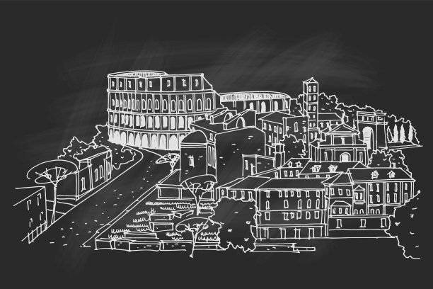 意大利罗马，斗兽场或弗拉维安圆形剧场的矢量草图。图片下载