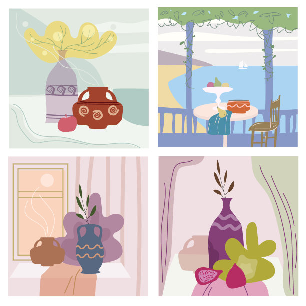 一套静物抽象当代极简主义。收藏花瓶花丛内部抽象元素形状。现代海报，横幅，封面，社交媒体内容。向量孤立图片下载