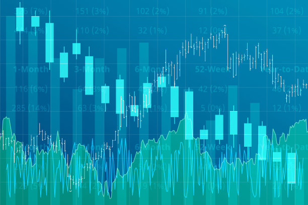 创意财务图表在蓝色和绿色背景与柱，线，烛台。金融市场与投资理念图片下载