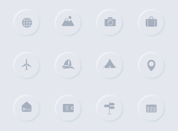 旅行灰色矢量图标圆形橡胶按钮。旅游图标设置网页，移动应用程序，UI设计和促销业务测谎图片下载