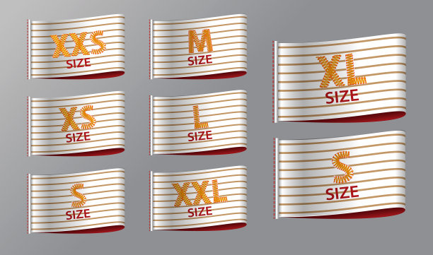 一套现实尺寸的服装标签孤立或服装面料丝带标签或服装标签符号。每股收益向量图片下载