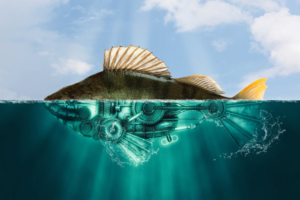 蒸汽朋克风格的鱼。鲈鱼图片下载