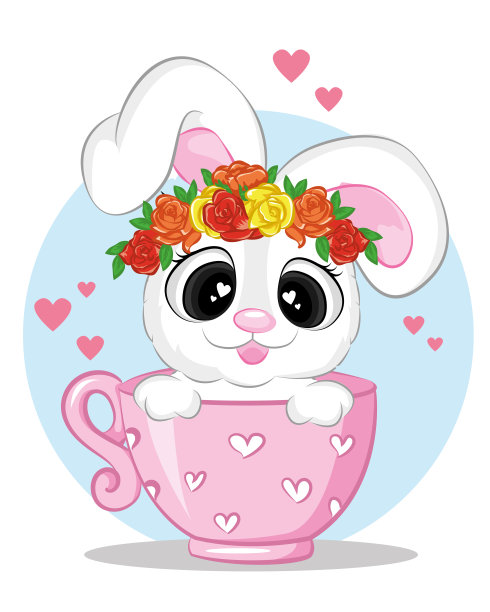 可爱的小白兔在粉红色的杯子。可爱的卡通动物角色在杯子图片下载