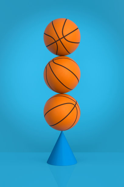 在蓝色背景上平衡篮球。三维演示图片下载