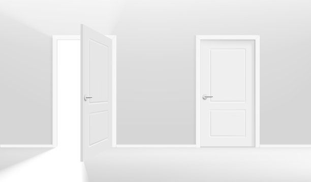 两扇门，其中一扇开着。逼真的3d风格矢量插图图片下载