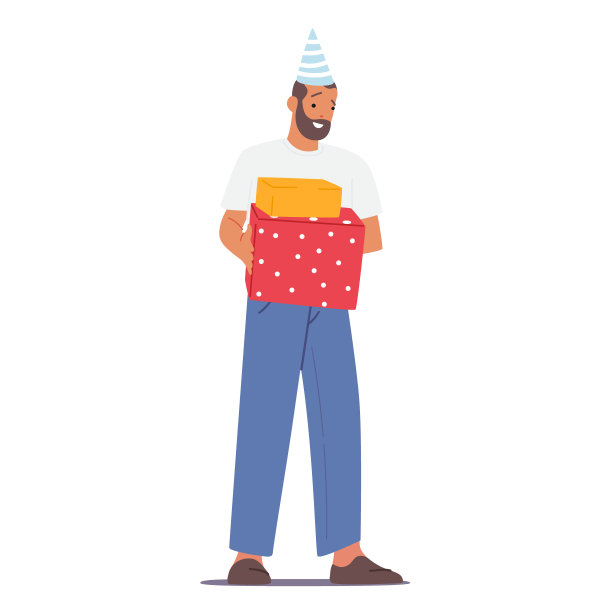 欢乐的男性角色在节日帽庆祝生日，惊喜派对。拿着一堆礼品盒的快乐男人图片下载