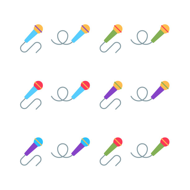 麦克风平面图标设置孤立在白色背景。彩色广播技术对象标志。麦克风标志设计。专业表演音乐卡拉ok声音工作室元素矢量插图。图片下载