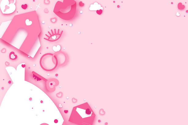 结婚的那一天。婚礼时间轴。教堂，我愿意，吐司。跳舞。祝你情人节快乐。剪纸风格的快乐假期和蜜月。空间的文本。粉红色的颜色图片下载