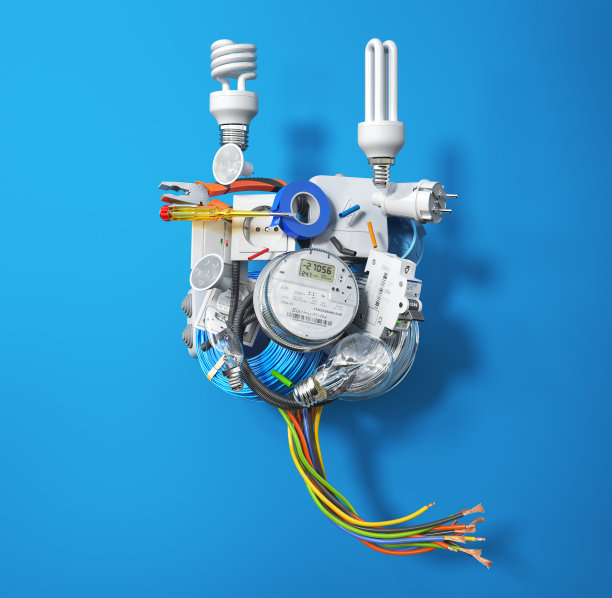 白色背景上的插头形式的电子元件。三维演示图片下载