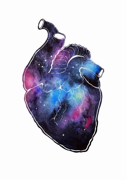 水彩手绘原始宇宙解剖心脏孤立在白色背景上图片下载