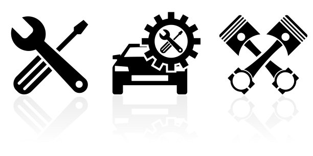 网络和互联网汽车服务概念矢量图标集，工具，车辆和活塞符号孤立在白色背景与反射图片下载