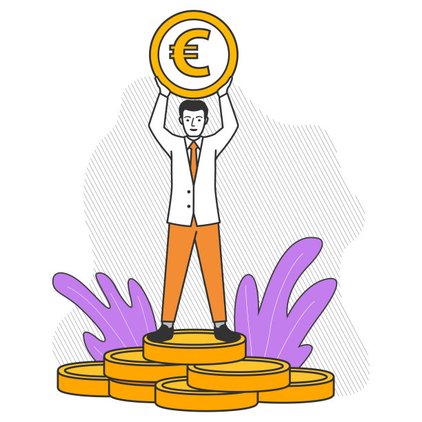 富商站在一堆金币上。一个拿着欧元硬币的男人。图片下载