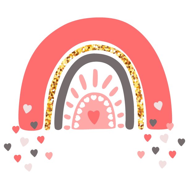 手绘可爱的彩虹与心。斯堪的纳维亚风格的抽象柔和元素。可爱的矢量涂鸦草图插图孤立在白色背景上图片下载