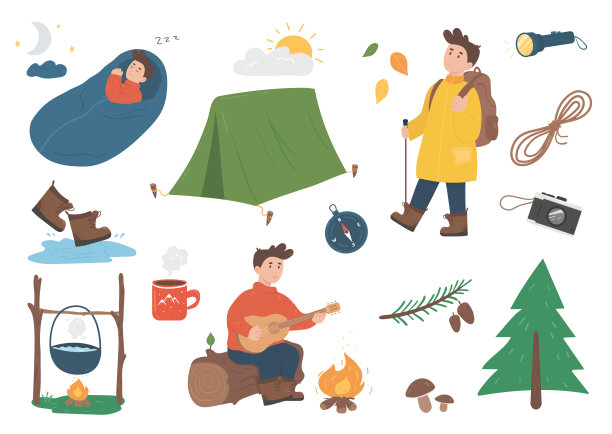 剪贴画设置徒步旅行和野营图片下载