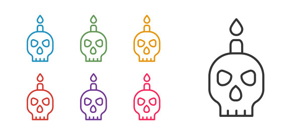 设置线燃烧蜡烛的头骨图标孤立图片下载