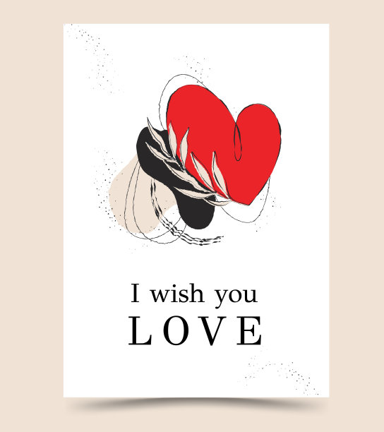 浪漫卡片，一颗带着热带树叶的心。手绘有机抽象插图。一个孤立在粉红色背景上的现代物体。极简主义，矢量艺术插图。用于纸张、印刷品、横幅、明信片图片下载