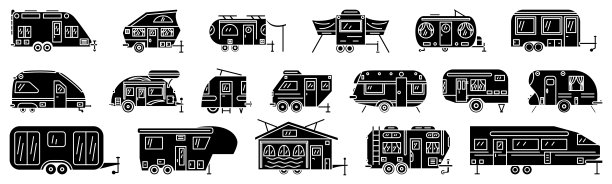 房车，休闲车，野营拖车，家庭露营车。家庭自主度假，旅游。一组矢量图标，字形，剪影，孤立图片下载