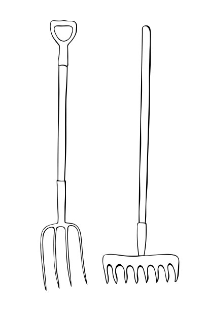 向量集的轮廓花园工具:耙子，干草叉，涂鸦风格，孤立。用于园林、农场、别墅、乡间工地作业的设备图片下载