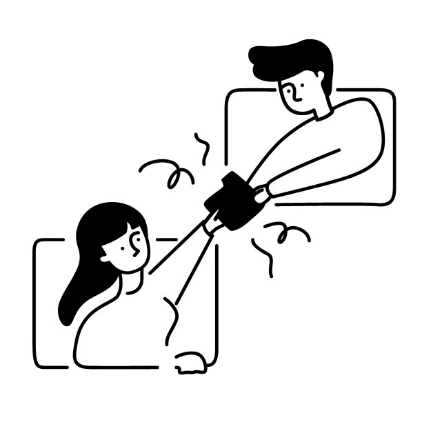 黑白插图的一个女孩传递一个文件图标，以极简主义风格的一个男人图片下载