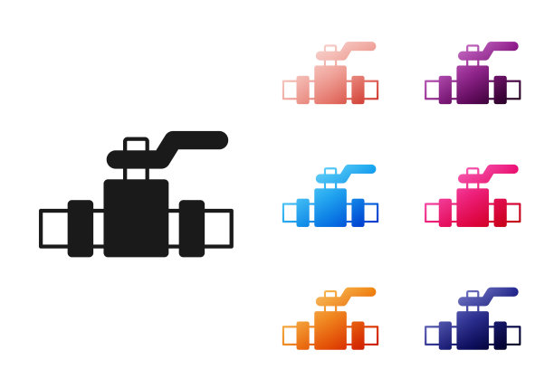 黑色工业金属管道和阀门图标孤立在白色背景上。设置图标丰富多彩。向量图片下载