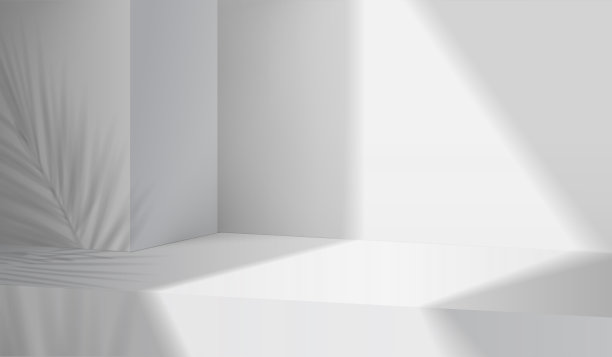 三维灰色背景产品展示平台场景与叶几何平台。灰色背景向量3d渲染平台。站着展示化妆品。舞台展示台在台座上显示白色图片下载