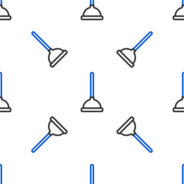 衬橡胶柱塞与木制手柄管道清洗图标孤立无缝图案在白色背景上。刷马桶的刷子。色彩斑斓的轮廓的概念。向量图片下载