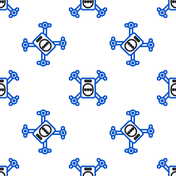 线无人机飞行与行动摄像机图标孤立无缝图案在白色背景。四轴飞行器与视频和照片相机符号。色彩斑斓的轮廓的概念。向量图片下载