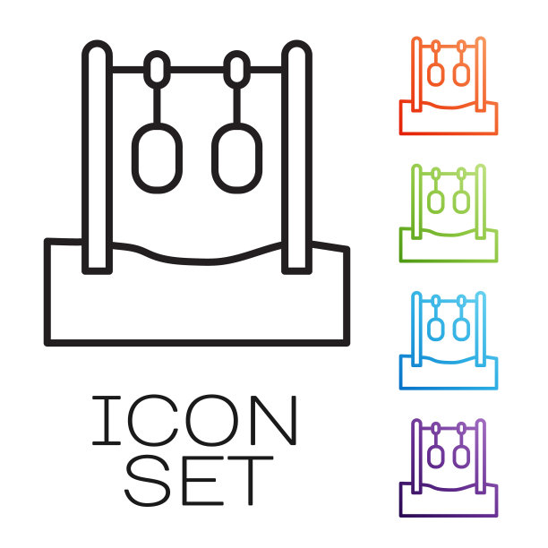 黑色线体操环图标孤立在白色背景。操场设备有吊索和吊环。设置图标丰富多彩。向量图片下载