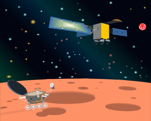 一颗人造卫星和一辆月球车在太空中的图像。图片下载