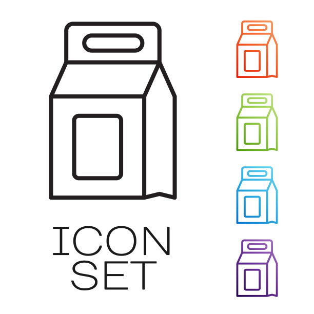 黑线洗衣粉自动洗衣机图标孤立在白色背景上。设置图标丰富多彩。向量图片下载