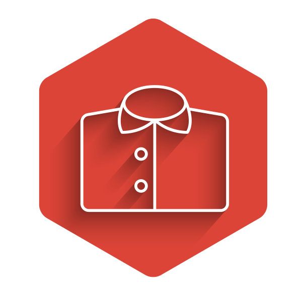 白线t恤图标孤立与长阴影背景。红色的六角按钮。向量图片下载